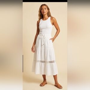 FRYE AND CO. White Tiered Maxi Skirt Elastic Waist Lace Inlay